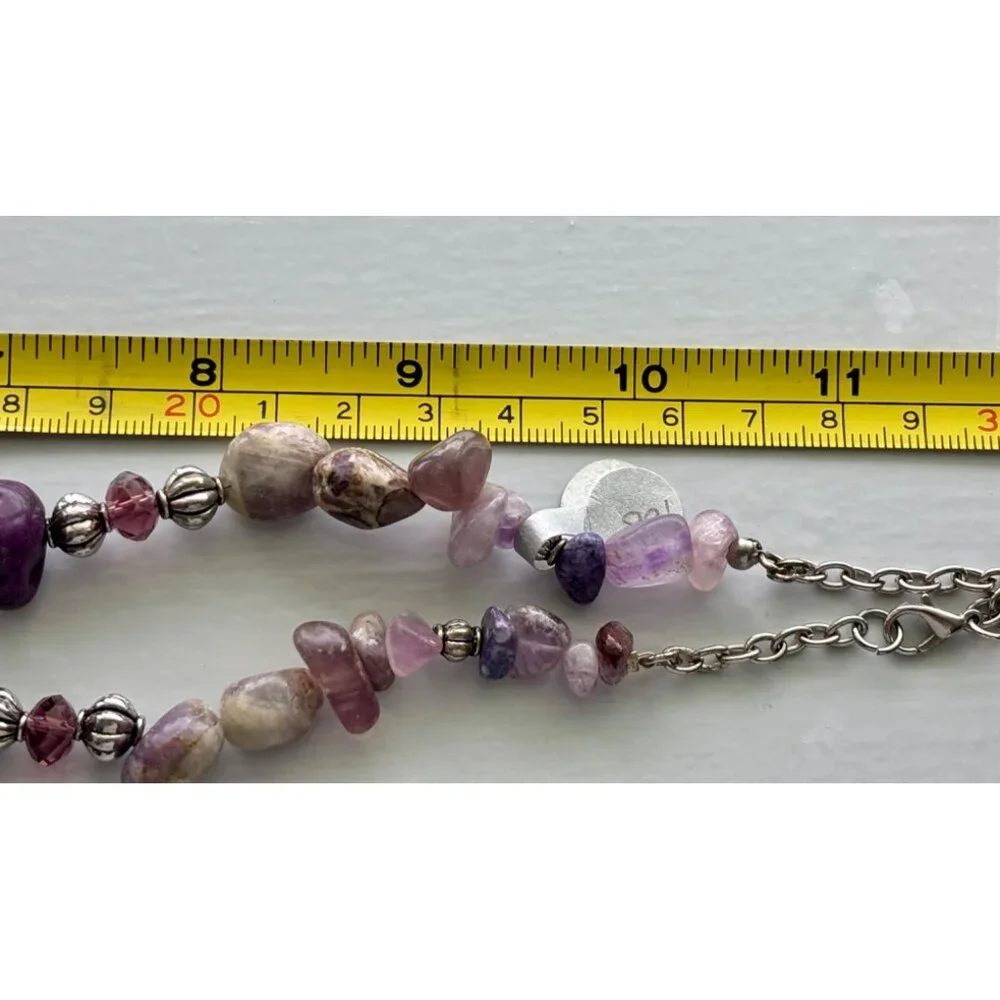 Purple & Pink Gemstone Beaded Necklace With Amethyst Pendant & Adjustable Chain
